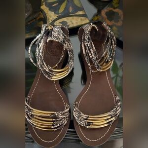 Tory Burch Mignon Snakeskin and Gold Sandals